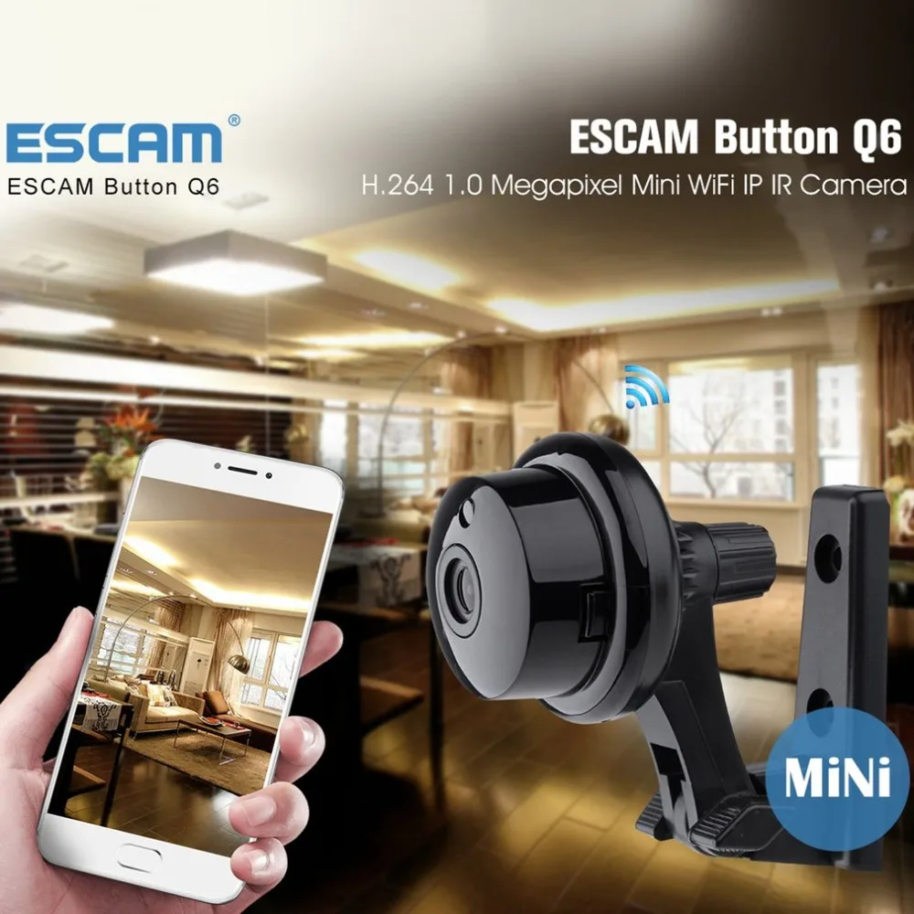 

ESCAM Button Q6 Wifi Mini Household IP Camera 1.0MP HD 720P Onvif 2.4 P2P indoor Surveillance Night Vision Security CCTV Camera