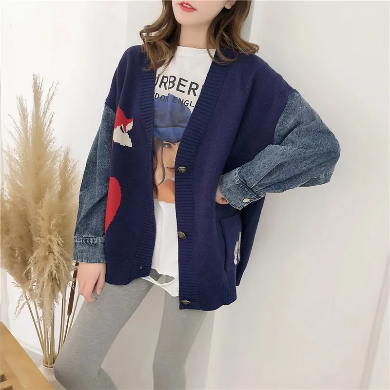 Neploe Women Sweater Cardigans Autumn Winter Korean Demin Patchwork Knit Coat Jacket Cartoon Embroidery Knitwear Coat 55334 - Color: navy blue