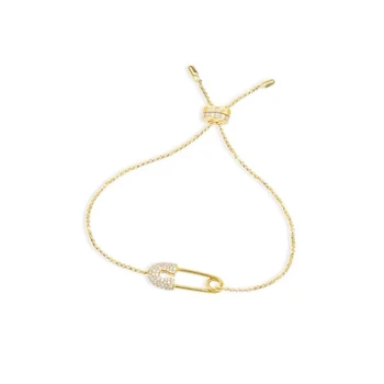 

Yellow Gold Pure 925 Sterling Silver Safety Lock Pin Bracelet Micro Cubic Zirconia Baby XL Style Women Fashion Party Jewelry