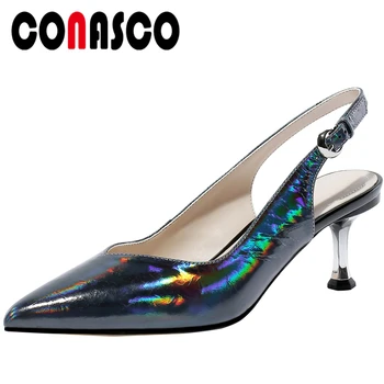 

CONASCO Spring Summer New Concise Fashion Casual Woman Pumps Genuine Leather Classic High Heels Chain Slingbacks Shoes Woman