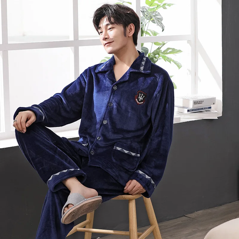 

Autumn & Winter Coral Velvet Pajamas Men's Large Size Long-sleeve Suit Thick Flannel Cardigan Spring And Autumn Tracksuit Men's