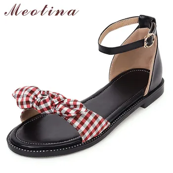 

Meotina Ankle Strap Flat Sandals Bow Women Shoes Round Toe Buckle Flat Footwear Lady Summer Sweet Sandals Black Red Big Size 43