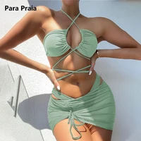 Para Praia 3 Pieces Cross Halter Bikinis Set 2025 Skirt Swimwear Women High Waist Drawstring Bandage Swimsuit Summer Biquini