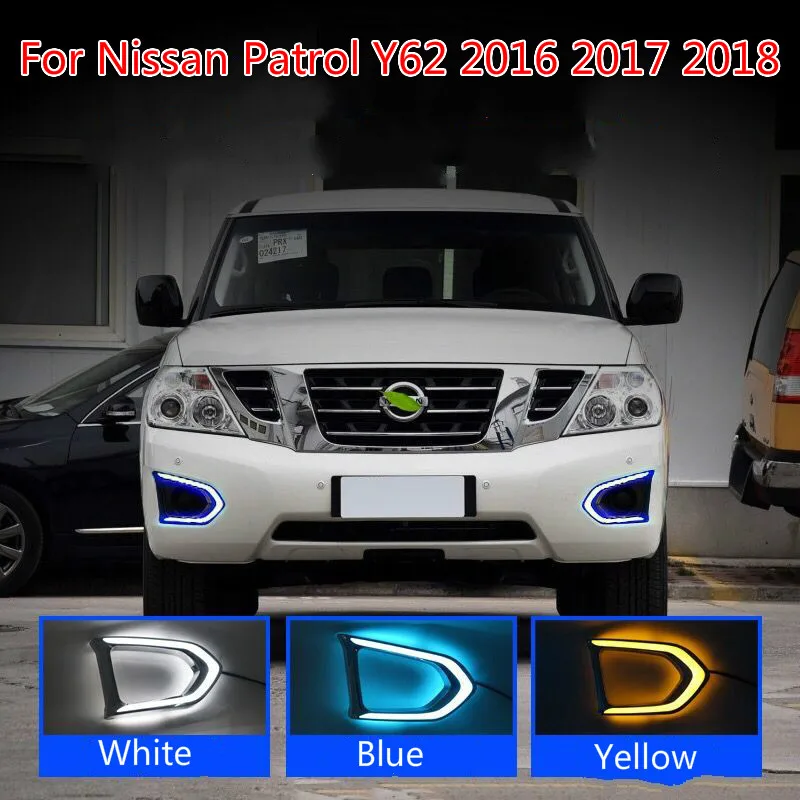 1 пара, Автомобильный светодиодный DRL для Nissan Patrol Y62, дневной ходовой светильник с желтым указателем поворота, ночная синяя противотуманная фара