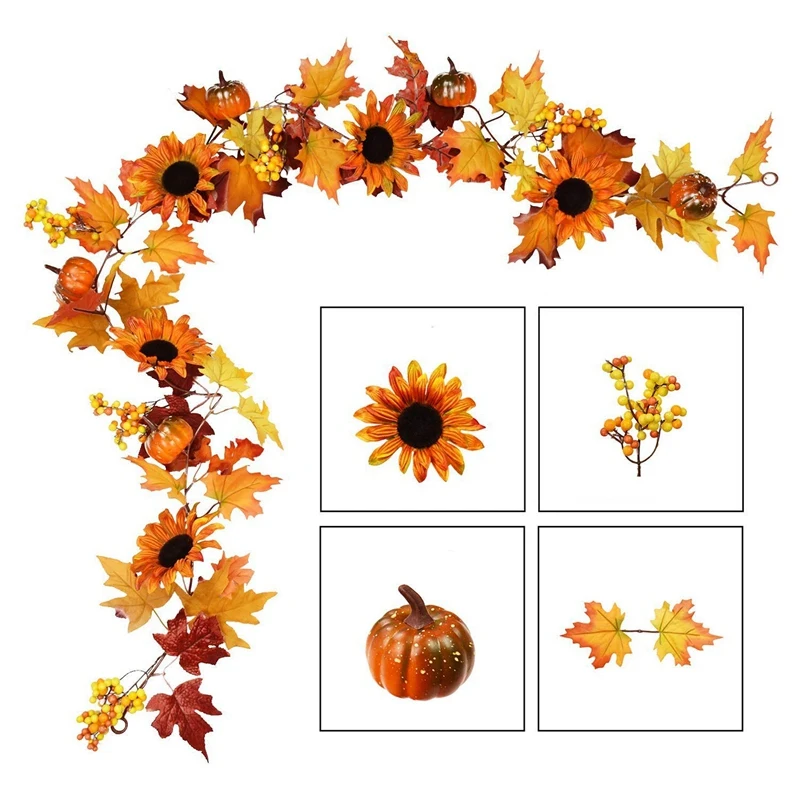 177cm Artificial Maple Leaf Berries Sunflower Pumpkin Garland Hanging Vine Decoration Autumn Fall Wedding Party Thanksgiving Hom