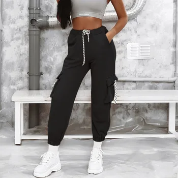 

Sports High Waist Overalls Black Cargo Pants 2019 Autumn Space Cotton Minimalist Street Style Casual Pants For Women