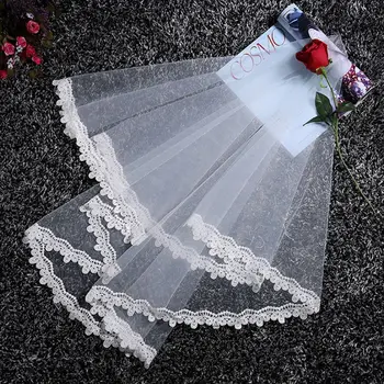 

2 Tier Women Soft Mesh Short Wedding Veil Crochet Petals Lace Patchwork Trim Double Layer Sheer Tulle Bridal Hair Accessories