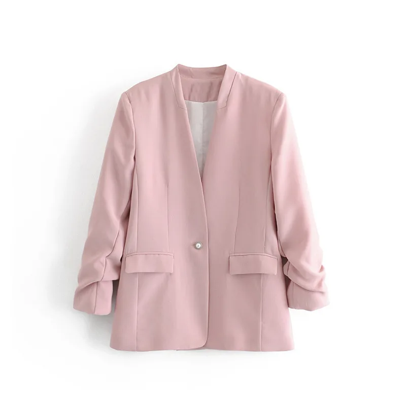 

28td3-27279 Europe And America WOMEN'S Dress 2019 Spring New Style V-neck a Grain of Pearl Clasp zhe zhou xiu Suit Jacket Women'