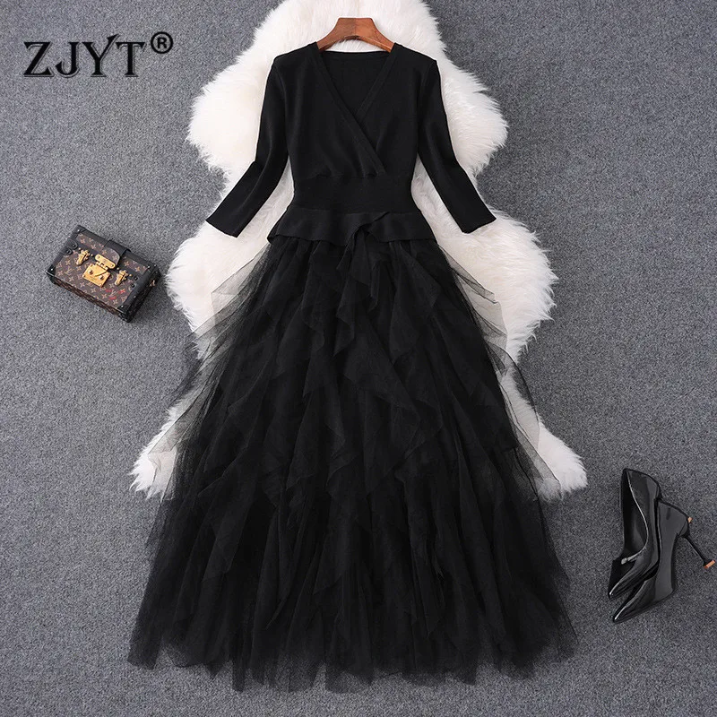 

2019 New Fashion Fall Winter Dress Runway Designers Woman Clothes Elegant V Neck Knitted Patchwork Midi Ruffle Tulle Party Dress