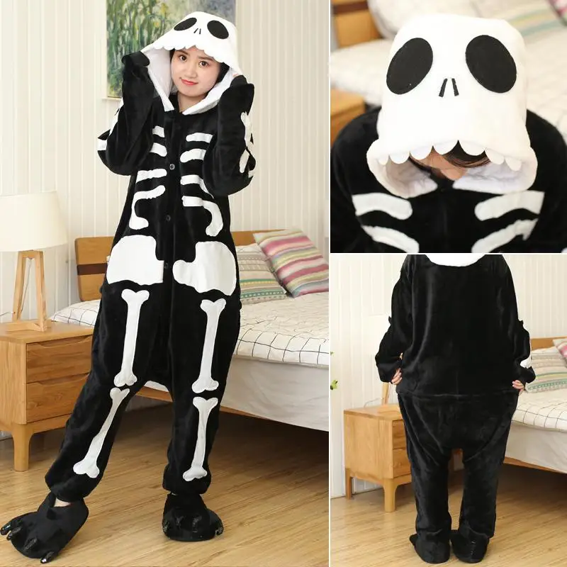 Зимняя Пижама с единорогом Kigurumi Ститч Пижама с животными ползунки «панда» для женщин и мужчин унисекс для взрослых фланелевая ночная рубашка комплекты домашней одежды - Цвет: Skull FL