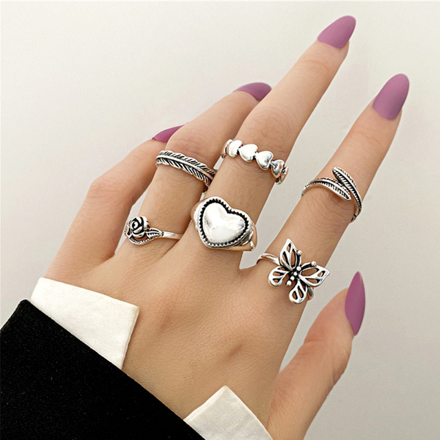 Heart Rings Set Silver Black Alloy Hollow Pearl Love Rings Couples Lovers Valentine's Day Party Gift for Women Girls