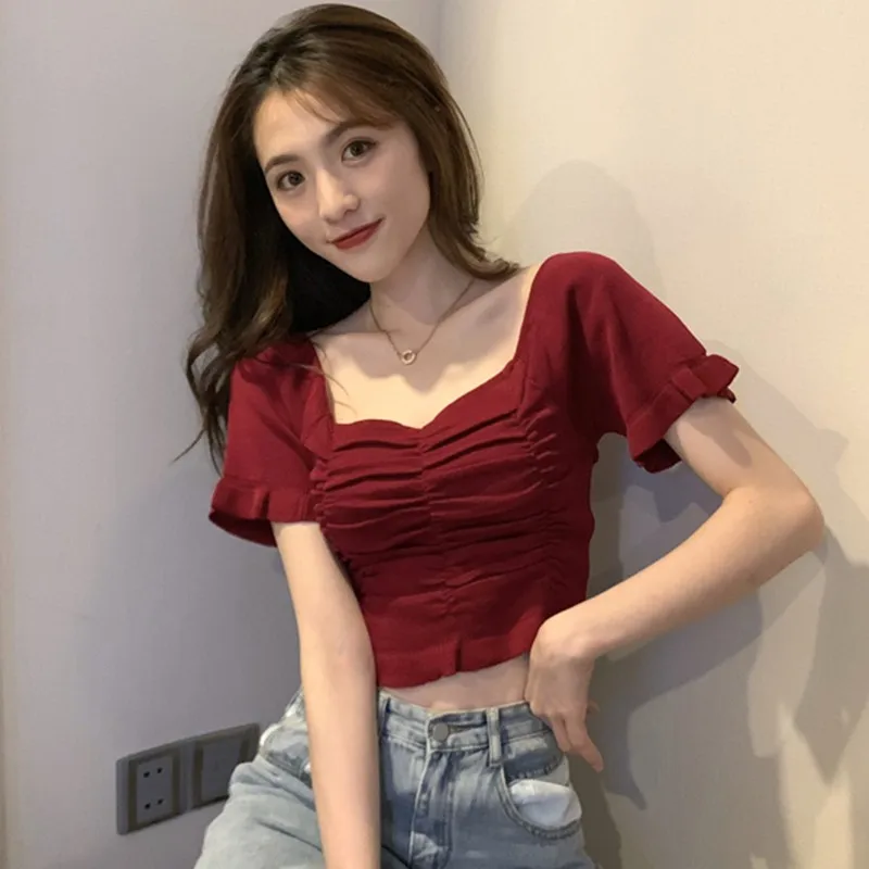 

8Colors Women Fashion Short Sleeve T Shirts Summer Sweet Girls Casual Square Collar Short T Shirt