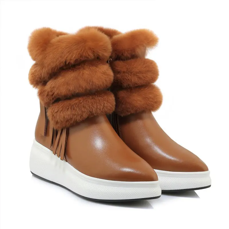 

Women's Genuine Leather Pointed-Toe Platform Ankle Boots Tassel Warm Fur Angola Snow Boots Fashion Sneakers