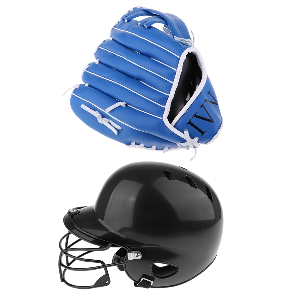 1 Set Black Baseball Bating Helmet Softball Compact Mask & Blue Baseball Softball Thicken Gloves Softball Catching Mitts