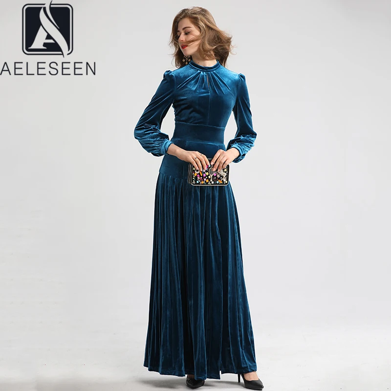 AELESEEN New Design High Quality Velvet Pleated Long Dresses Women European High Class Luxury Party Solid Maxi Dress