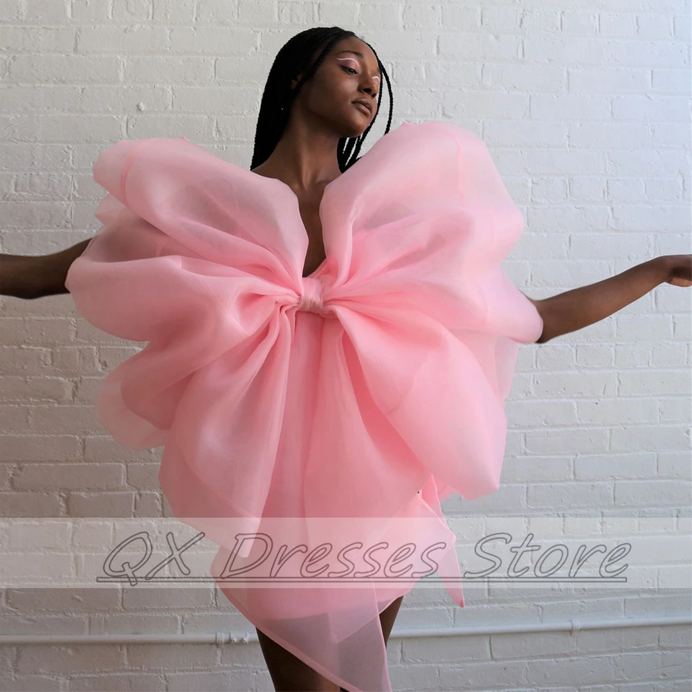 Girl Big Bow Cocktail Dress Strapless Organza Sexy Short Party es Asymmetrical  Gowns Pleat Pink  With Sleeveless