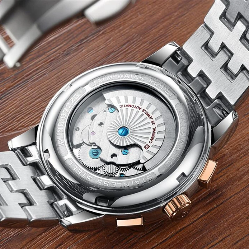 CARNIVAL Automatic Mechanical Watches Sports Men Full Steel Luxury Watch with Perpetual Calendar Clock Luminous Reloj Hombre