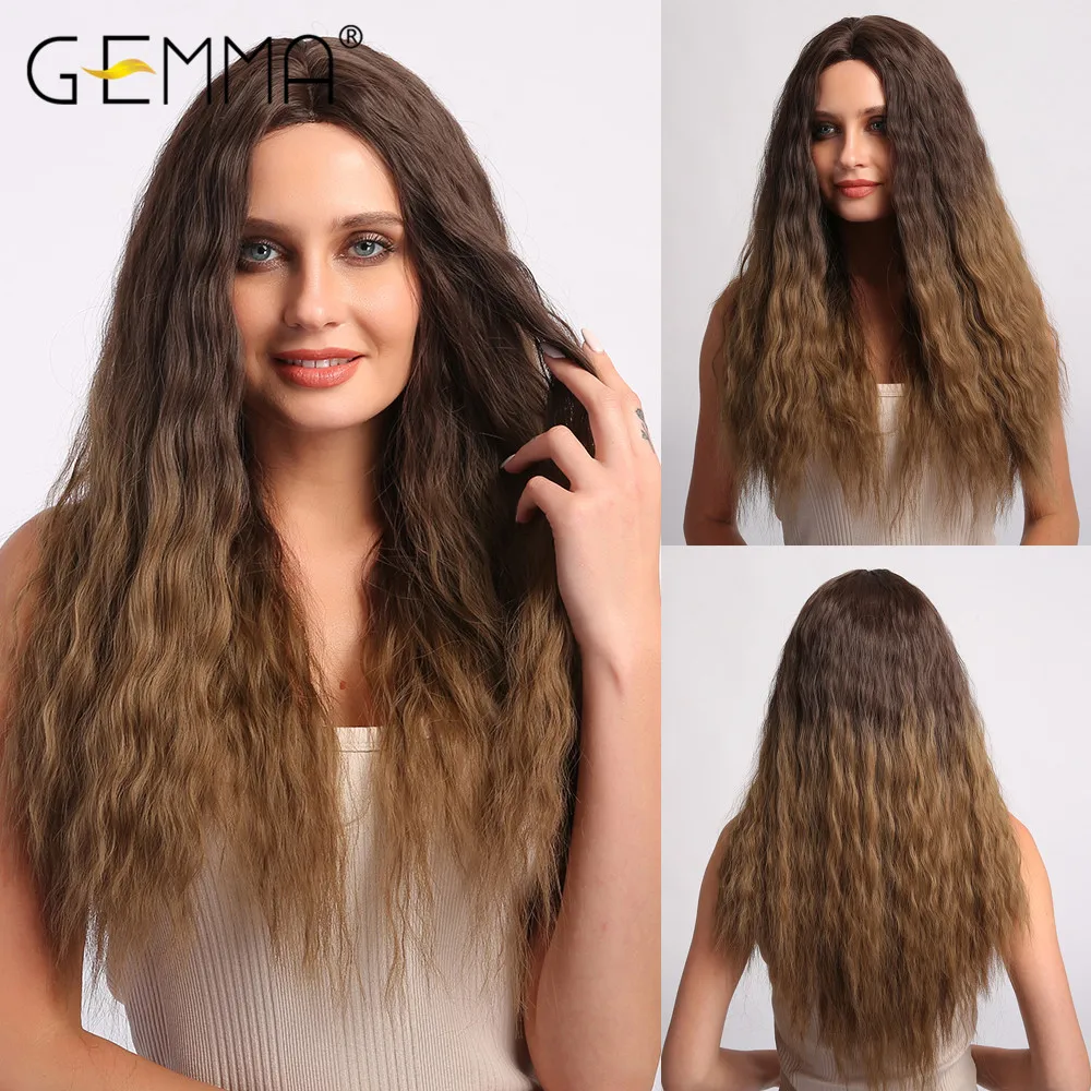

GEMMA Long Curly Middle Part Synthetic Wigs for Black Women Afro Natural Cosplay Daily Ombre Black Brown Heat Resistant Hair
