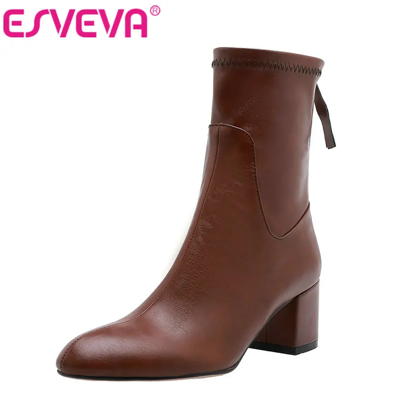 

ESVEVA 2020 PU Leather Pointed Toe Platform Elastic Ankle Boots Winter Zipper Square Heel Casual Women Shoes Size 34-43