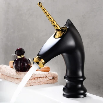 

Horse head creative faucet hot and cold full copper basin European art basin unicorn faucet black gold kitchen faucet