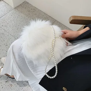 

Plush Crossbody Bag For Women Fashion Small Round Bag Women Faux Fur Purse and Handbags A pearl chain girl Shoulder Bag Bolsos