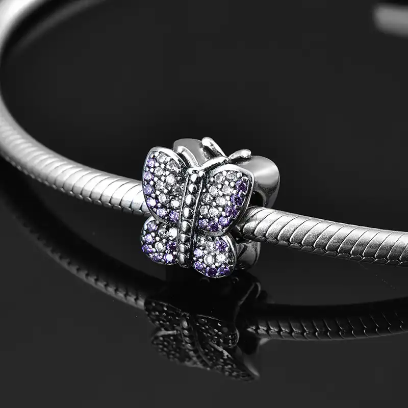quality luxury 925 sterling silver purple cz butterfly bead fit