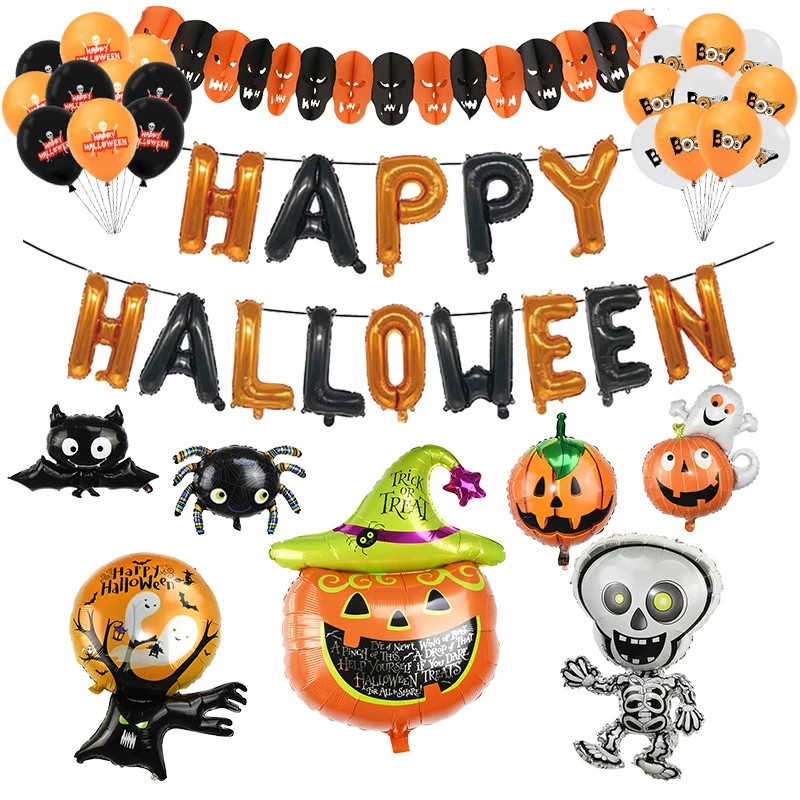 

Home Halloween Party Balloon Decorations Happy Halloween Banner Pumpkin Ghost Bat Spider Web Globos for Halloween Party Supplies