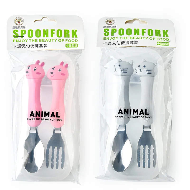 2pcs Tableware Cartoon Kids Spoon and Fork Set Stainless Steel Cute Fork Spoon Baby Spoons Kids Baby Gadgets Set