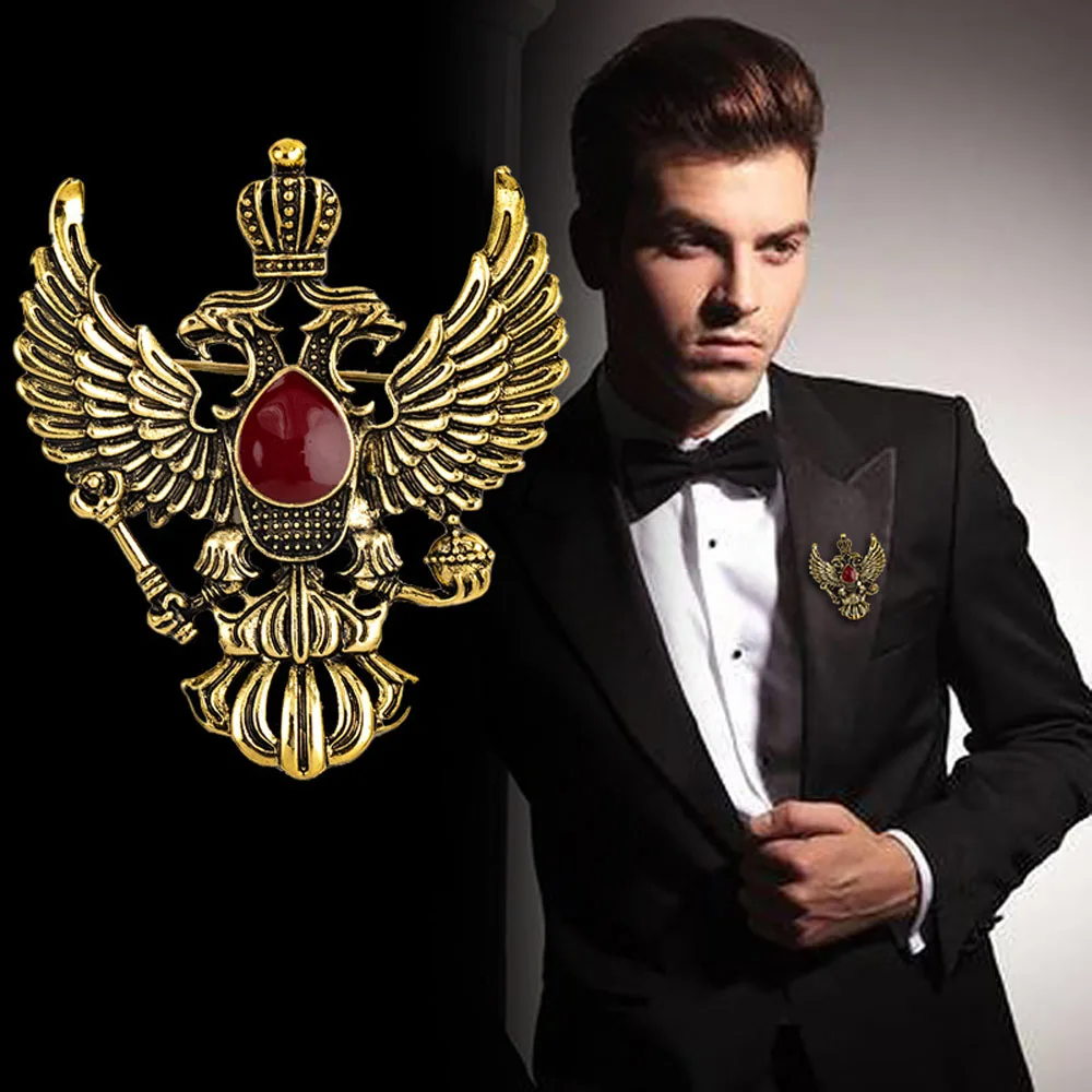 Men Retro Wing Metal Pins and Brooches Vintage Double-headed Eagle Badge Brooch Punk Crown Suit Lapel Pin Accessories | Украшения и