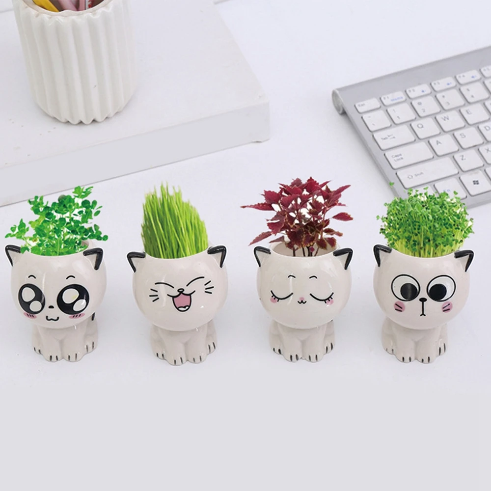 Mini Cat Shaped Ceramic Flowerpot Cartoon Cute Hand Desktop Potted Expression Cat Plant Pot Desk Decorate Small Ornaments flower pot plant pot