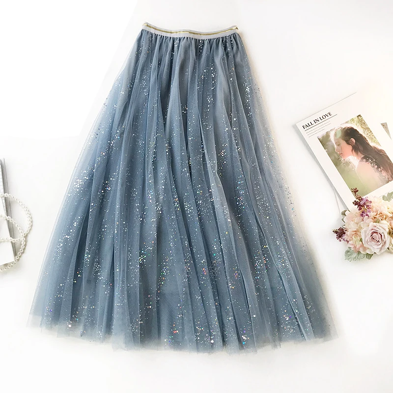 

Elegant Vintage Pleated Skirts Women Summer New High Waist Shining Sequined Tulle Skirts Casual Loose Mesh Skirt Pettiskirt V158