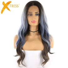Синтетические волосы на кружеве синтетические парики из натуральных волос для черный Для женщин X-TRESS Термостойкое волокно длинные волнистые эффектом деграде(переход от темного к серый Цвет парик шнурка с детскими волосами