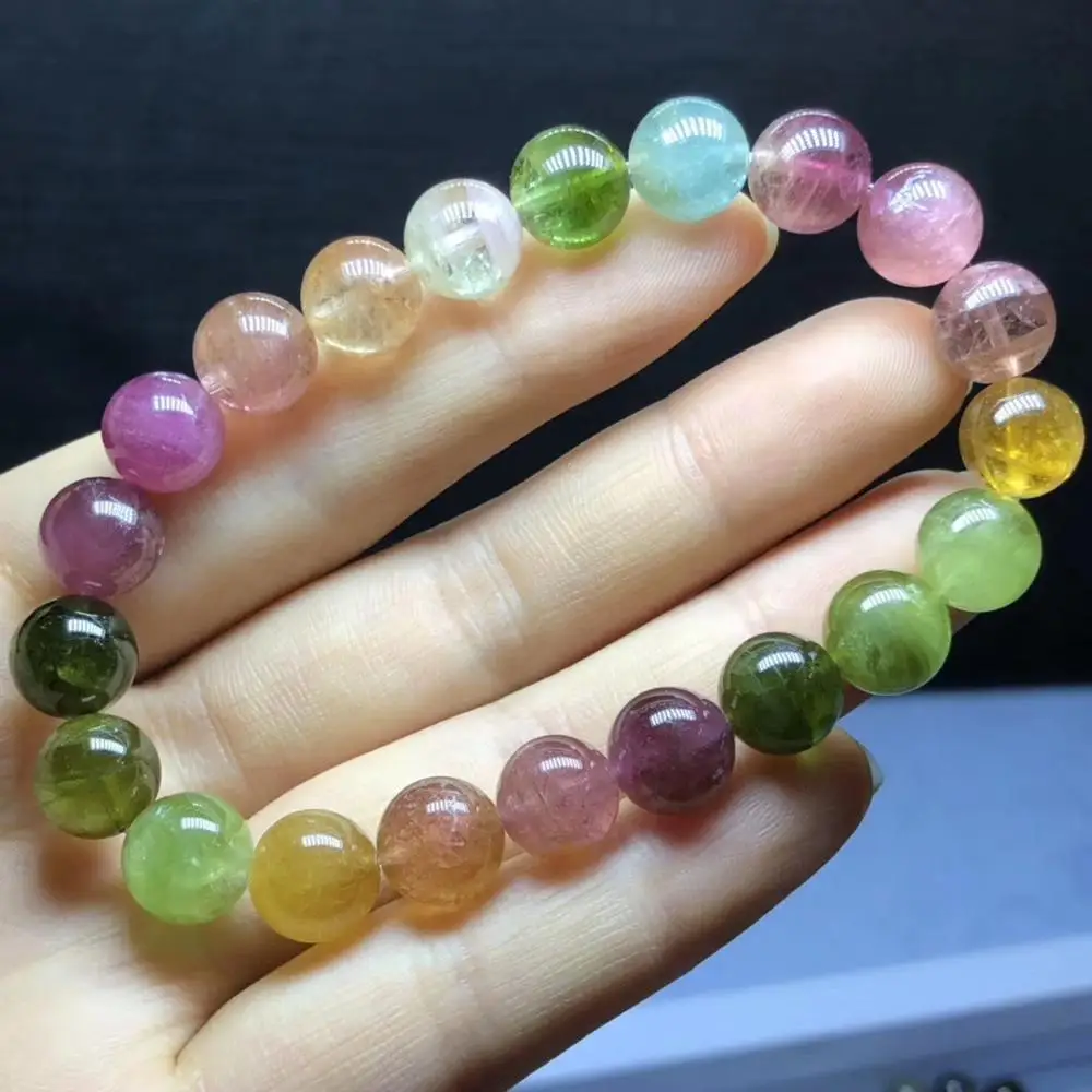 

9.4mm Genuine Natural Colorful Tourmaline Candy Clear Round Beads Bracelet Women Men Crystal Tourmaline AAAAA Certificate