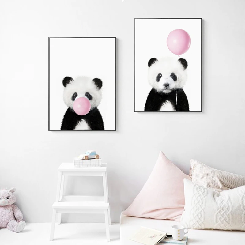 Baby Panda Print Animal With Bubble Gum Poster Nursery Wall Art Picture Decor Cute Pink Balloon Baby Shower Gift Canvas Painting