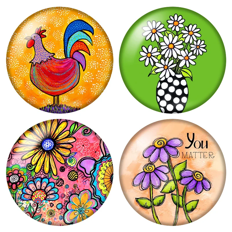 

Oil paintings style Flowers vase cat dog daisy 12mm/16mm/18mm/25mm Round photo glass cabochon demo flat back Making findings