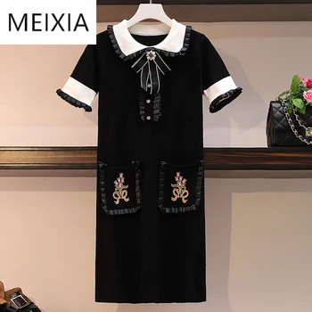 

MEIXIA Autumn Winter Women Dress Casual Peter pan Collar Bow Embroidery Pocket Shirt Dresses Knitting Black Straight Mini Dress