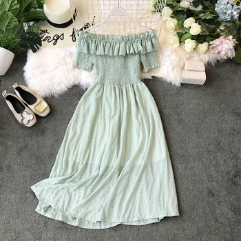 

Korean 2020 Summer Women Slash Neck Dress Elegant Runway Ruffles Pleated Vestidos Verano Green Pink White Black Female Dress