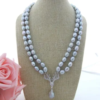 

N010809 21'' 2 Strands Grey Rice Pearl Necklace Keshi Pearl Pendant