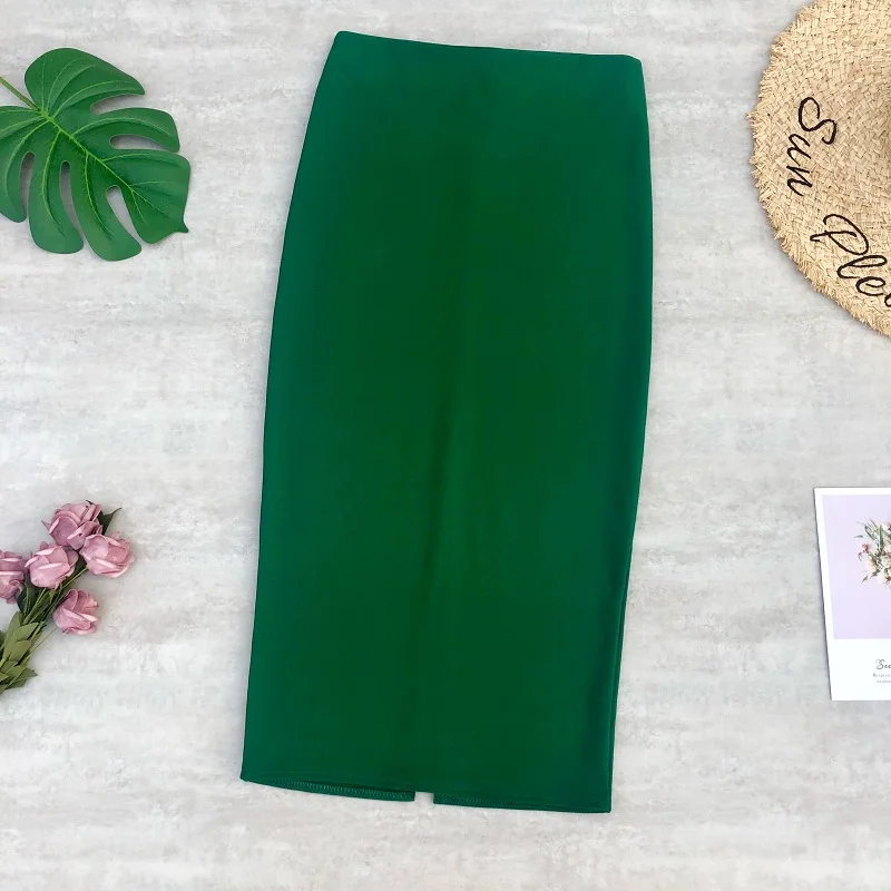 Женские юбки, высокая эластичность, яркие цвета, молния сзади, высокая талия, юбка-карандаш, тянущиеся длинные юбки для женщин, s Jupe Femme - Цвет: green