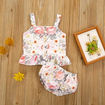 

Fashion Baby Girl Clothes Sets Summer Casual Flower Small Strap Slim Top Thin Cotton Triangle Shorts Children Clothing Sets