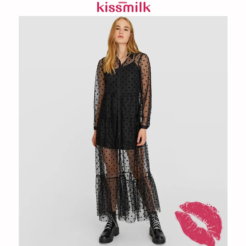 

Yushoukuan kisilk Gauze Long over-the-Knee Loose-Fit Dress Women's Vacation Style Large Size Lace Pleated Skirt