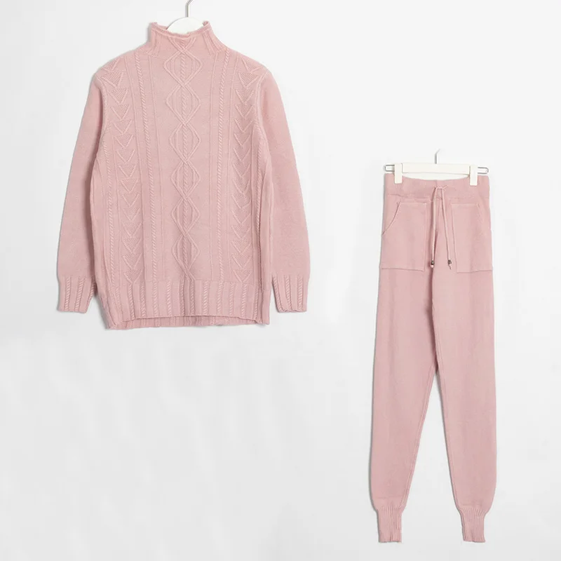 Wixra, женский свитер, костюмы и комплект, Повседневный свитер с высоким воротом и штаны, 2 предмета, спортивные костюмы, Длинные пуловеры+ брюки, комплекты верхней одежды - Цвет: Pink