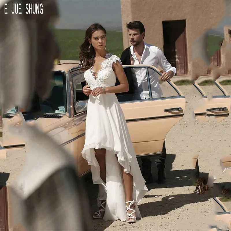 

E JUE SHUNG Simple High Low Wedding Dresses V Neck Cap Sleeve Illusion Back Bridal Dresses Lace Appliques Chiffon Wedding Gowns