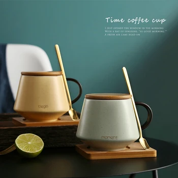 

EWAYS 400ml Ceramic Coffee Mugs Pure Color Theme Lucky Mug with Lid , Spoon , Base Christmas Gift for Friends