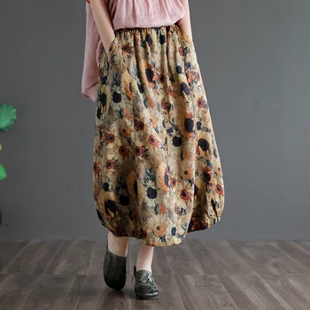 

Summer linen print skirts womens 2020 new summer elastic waist casual skirt female