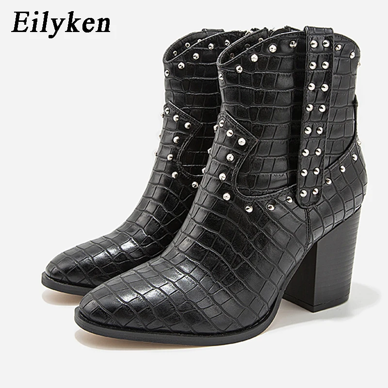 Black EilyKen женские ботильоны черного цвета из искусственной кожи с заклепками, на высоком каблуке; Осенняя женская обувь; квадратный каблук на платформе, круглый носок, на молнии, вечерние ботинки - Цвет: Black