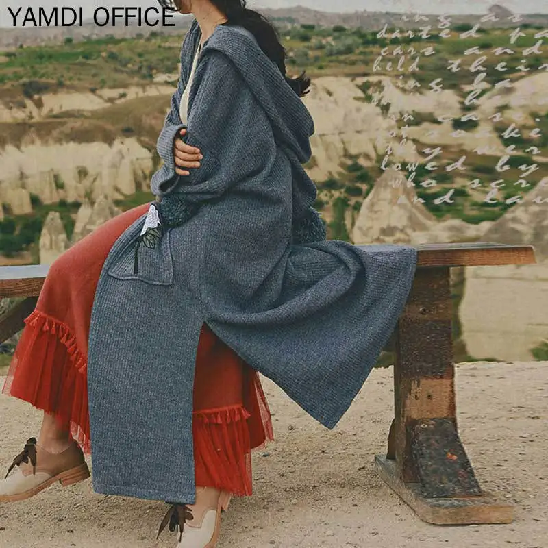 YAMDI, осенне-зимний женский свитер, винтажный женский джемпер с длинным рукавом, caidigan, с разрезом, однотонный, синий, для подиума, макси свитера, новинка