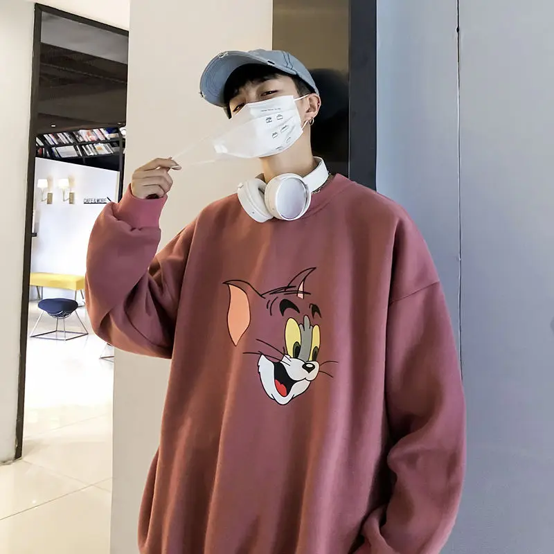 

qiu dong kuan gang feng Men's Cat and Mouse Korean Version Fashion Loose round Neck Fleece Lined Couple Students