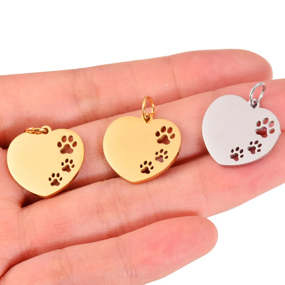 

5pcs/lot High Quality Stainless Steel Pet Paw Charm Polished Heart Charms for DIY Necklace Pendant Jewelry Findings Accessories