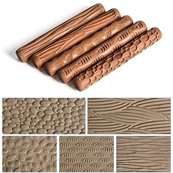 

New-5PCS Pottery Tools Wood Hand Rollers for Clay Clay Stamp Clay Pattern Roller